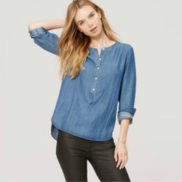 LOFT Tops - Loft Ann Taylor Tunic Chambray Bow Long Sleeve Button Round Neck Hi Lo Hem Small